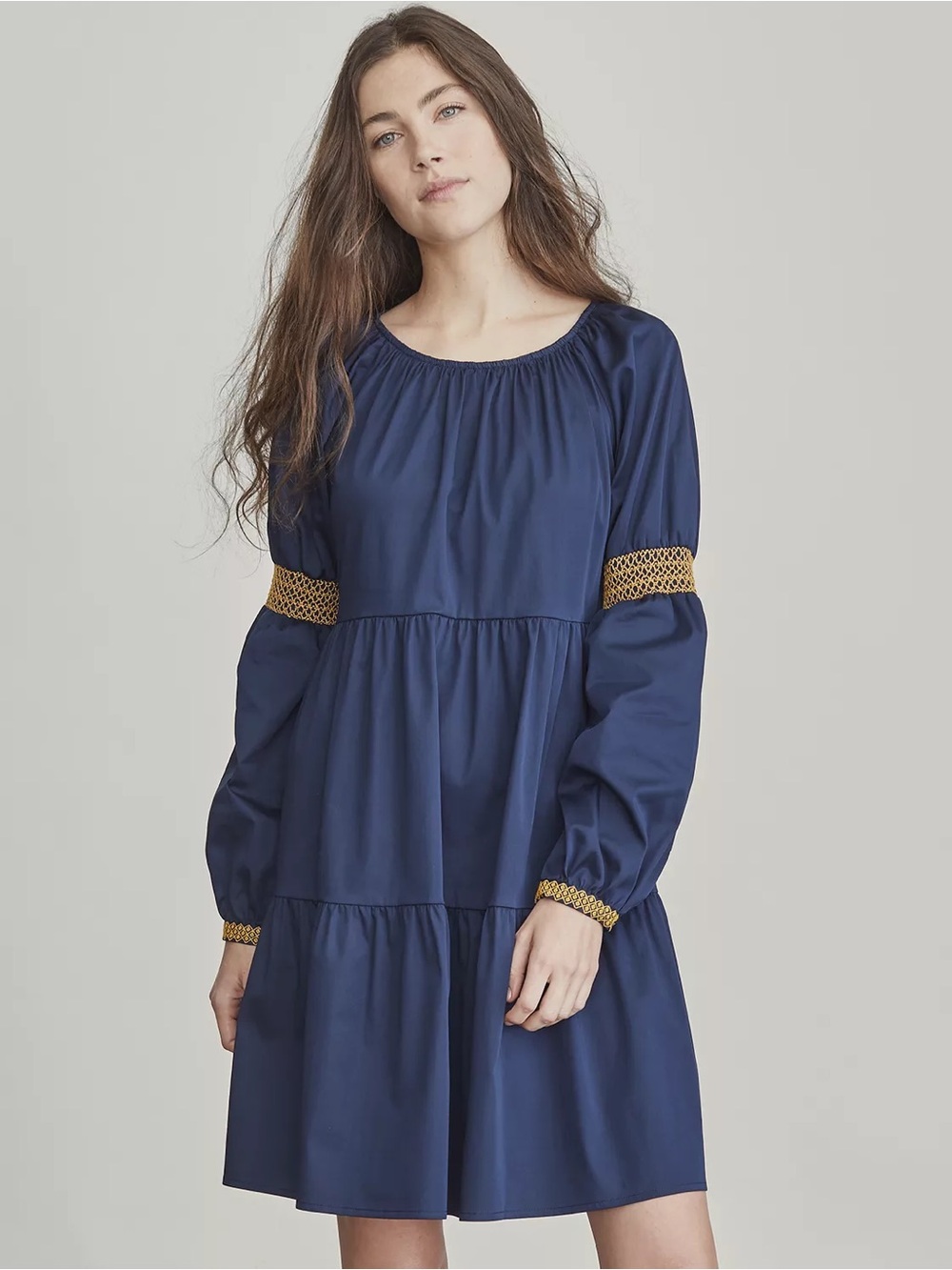 Elizabeth and James Peasant Navy Long-Sleeve Tiered Dress with Gold Accents M